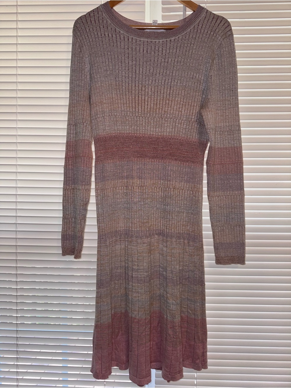 Ribbed Long-Sleeve Knit Dress in Muted Mauve and Taupe Large